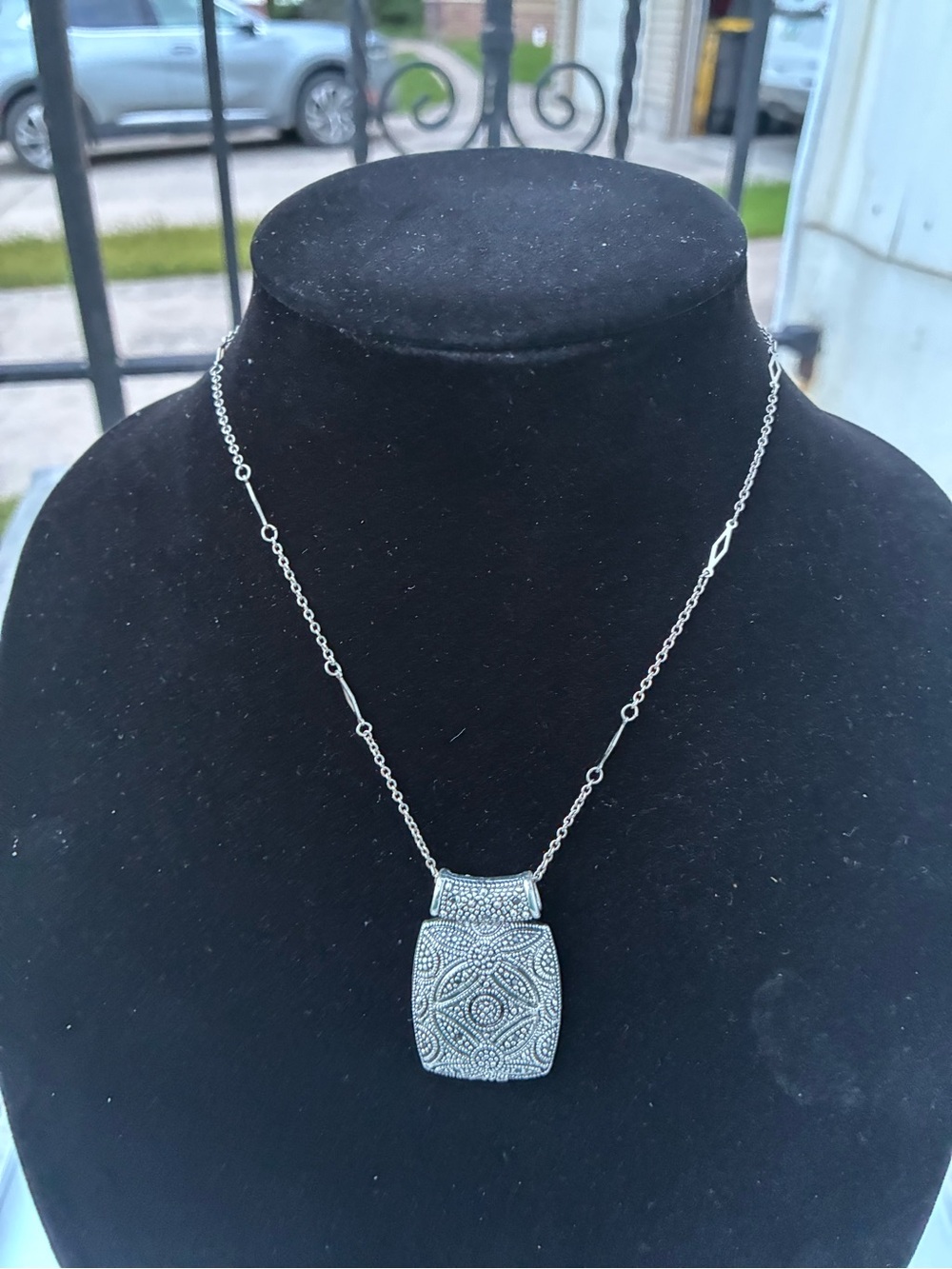 Ornate Silver-Tone Marcasite Pendant Necklace